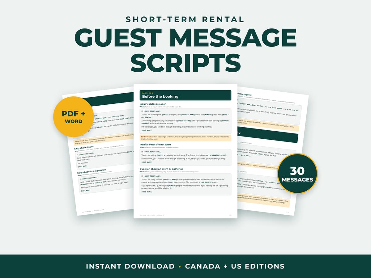 Guest Message Scripts: three sample pages of ready-to-edit guest messages, starting with replies to booking inquiries, labelled PDF + Word, 30 messages