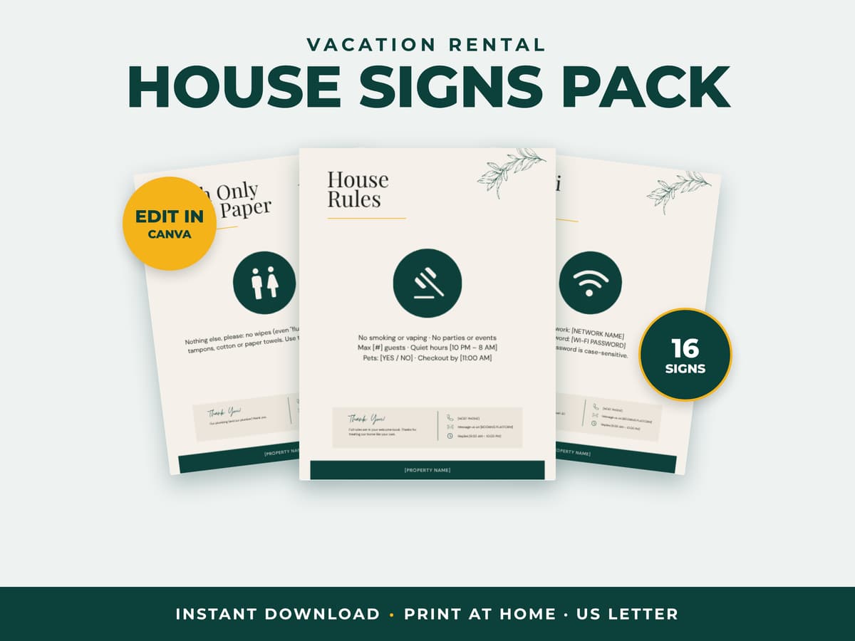 Vacation Rental Signs Pack: house rules, Wi-Fi and bathroom signs with placeholder text, labelled Edit in Canva, 16 signs