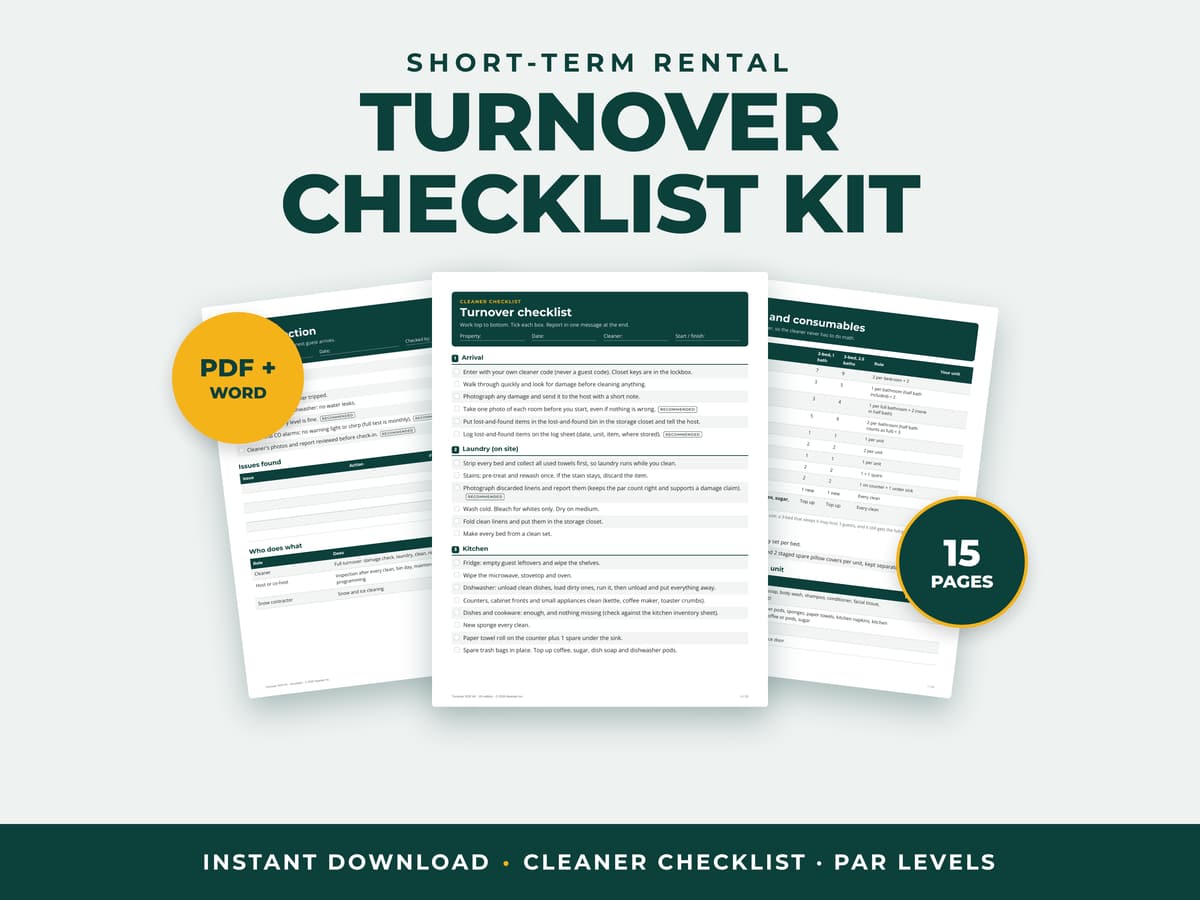 Turnover Checklist Kit: three sample pages showing the cleaner turnover checklist, a host inspection page and a par-levels table, labelled PDF + Word, 15 pages