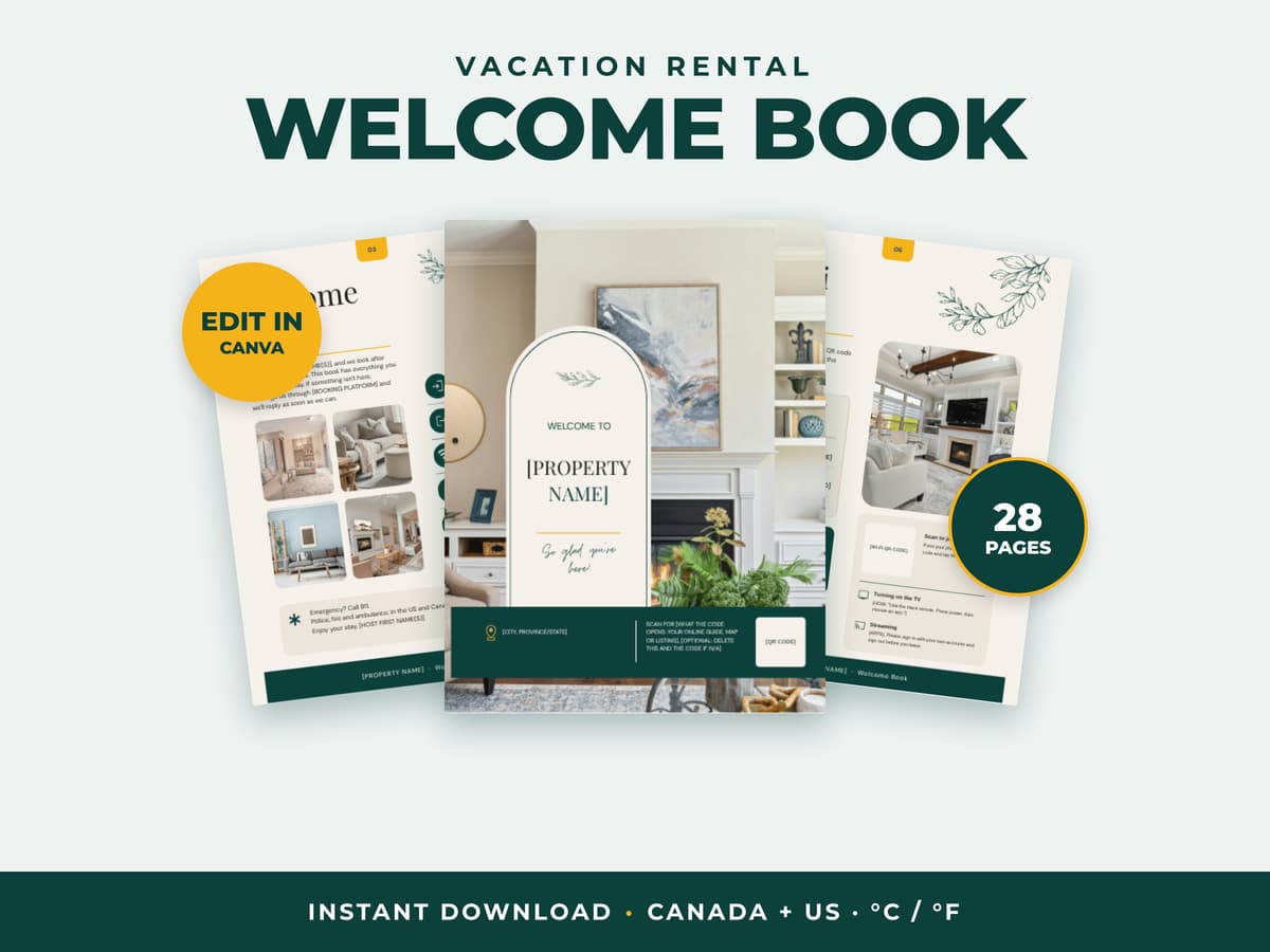 Vacation Rental Welcome Book: a cover page and two inside pages with placeholder property details, labelled Edit in Canva, 28 pages